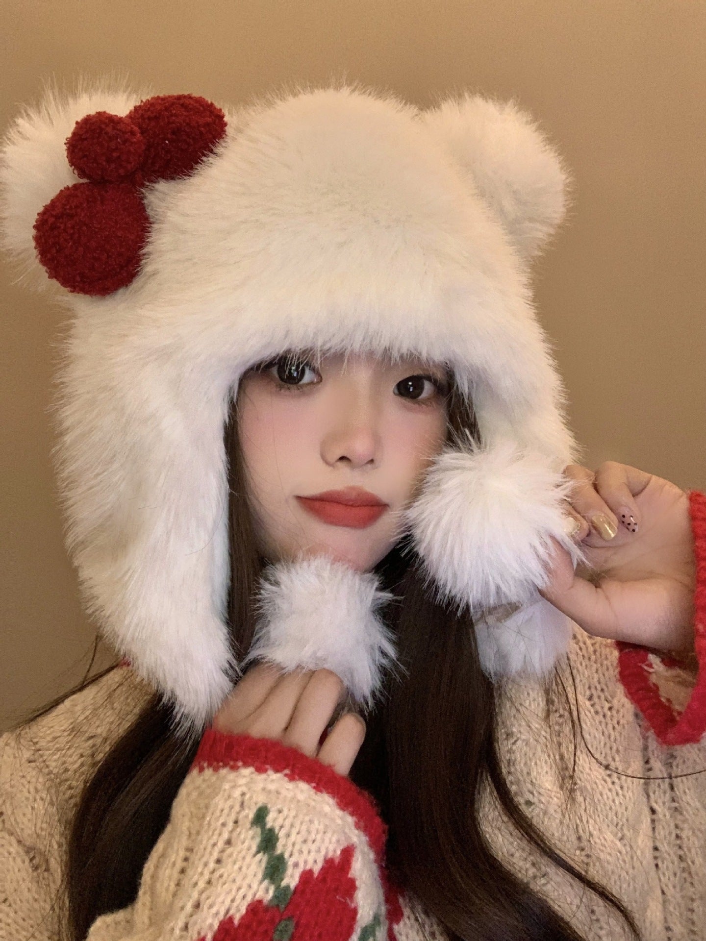 Korean Sweet Bow Plush Bomber hat