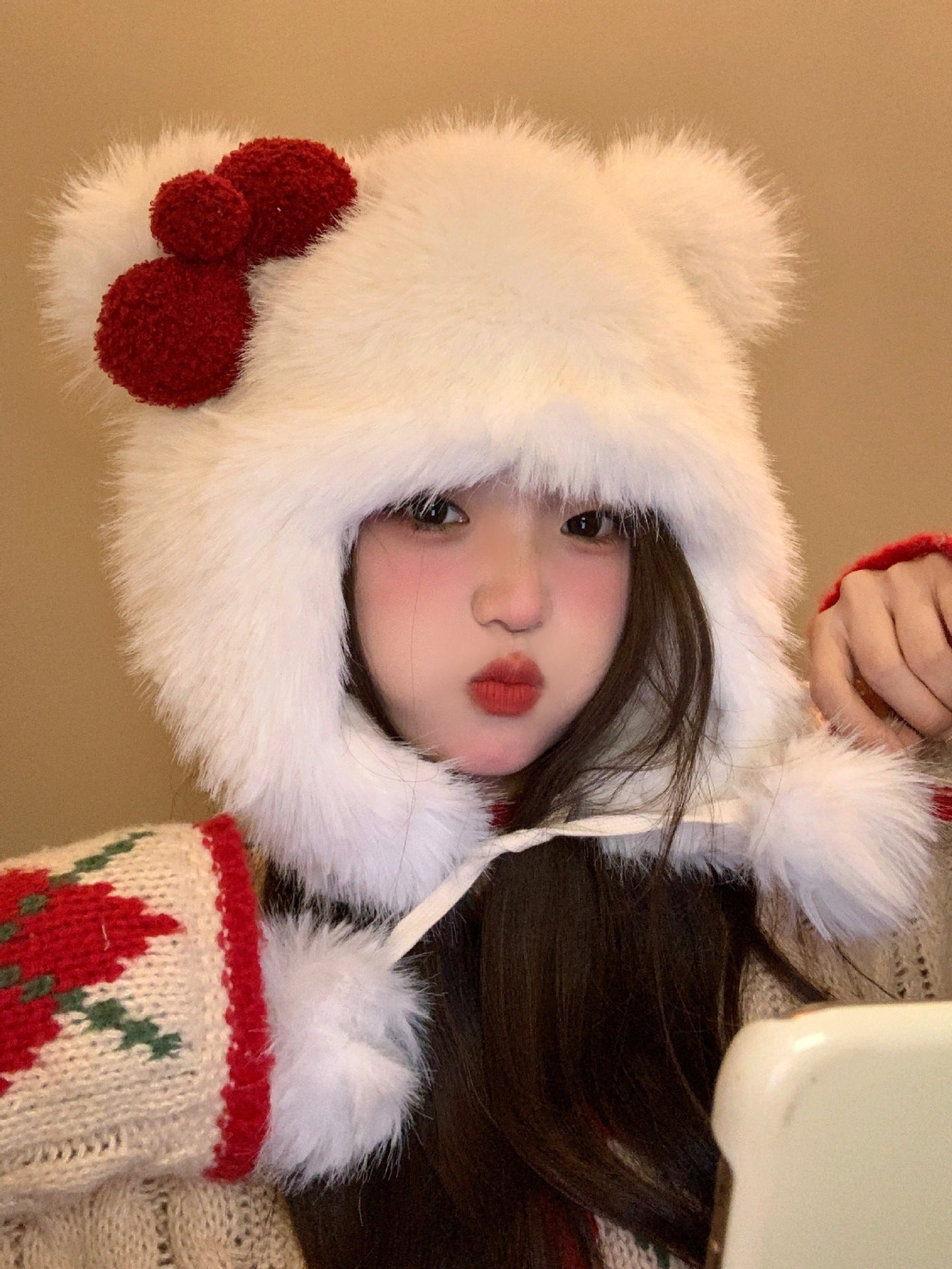 Korean Sweet Bow Plush Bomber hat