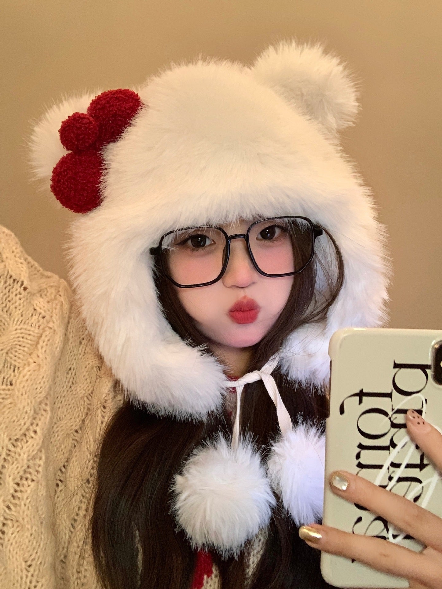 Korean Sweet Bow Plush Bomber hat