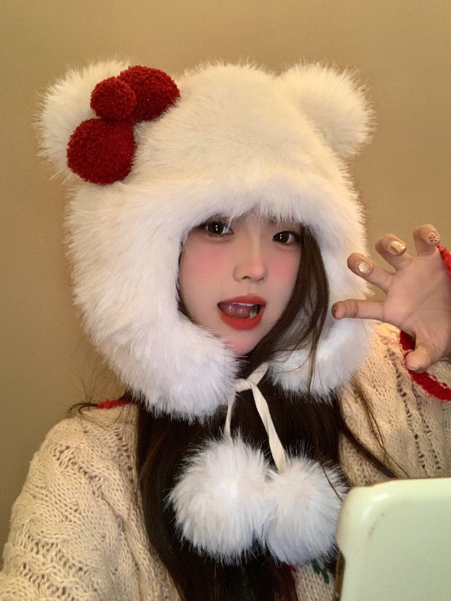 Korean Sweet Bow Plush Bomber hat