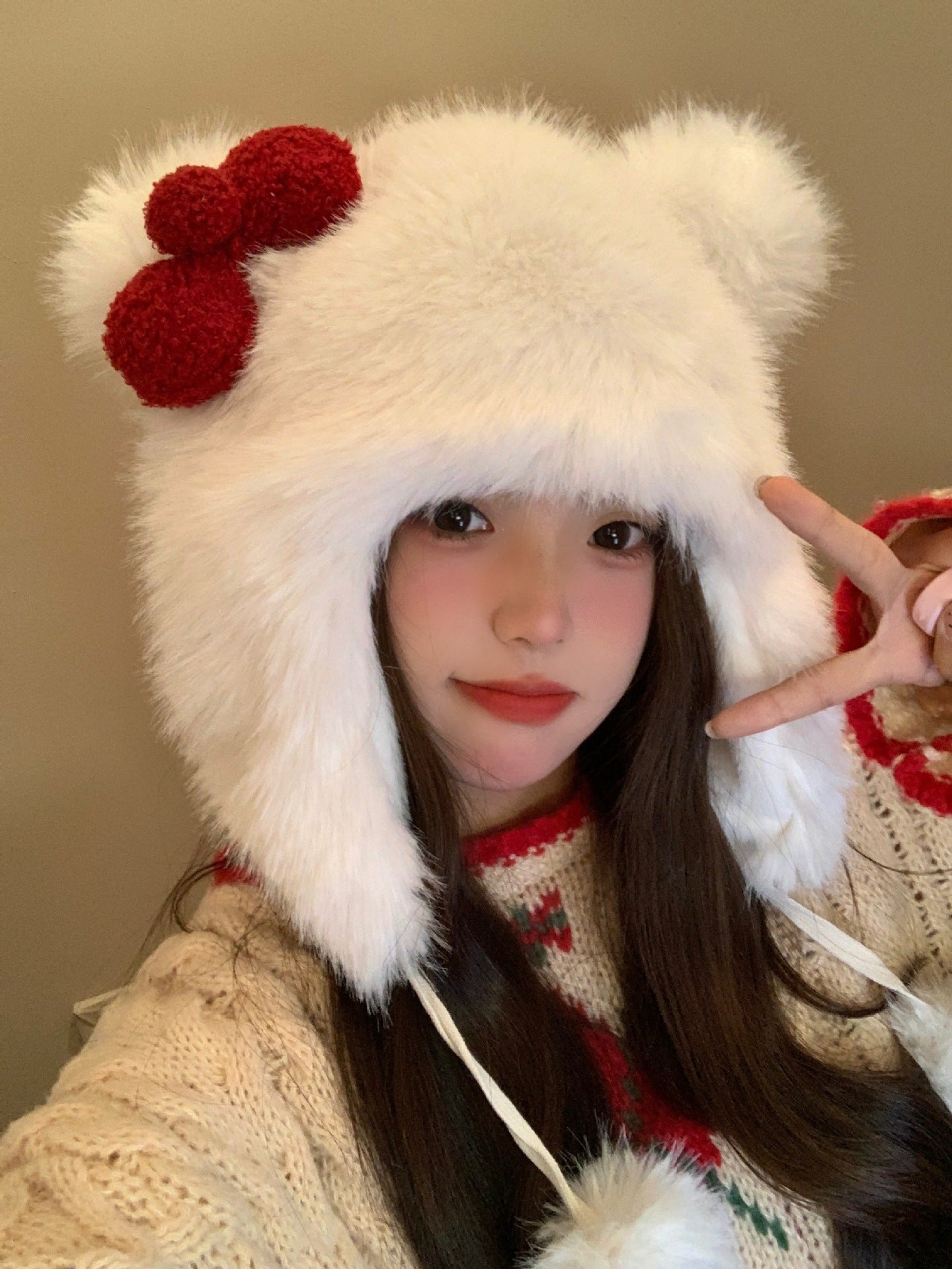 Korean Sweet Bow Plush Bomber hat