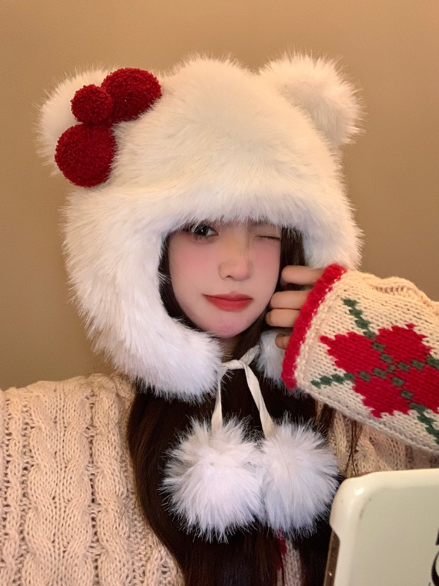 Korean Sweet Bow Plush Bomber hat