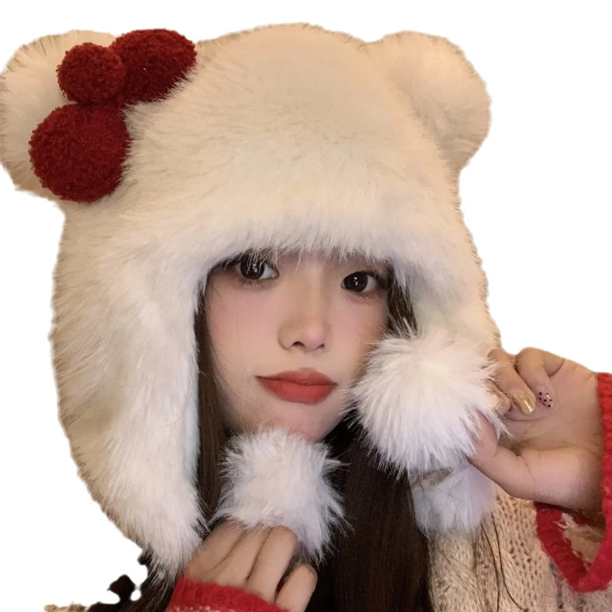 Korean Sweet Bow Plush Bomber hat