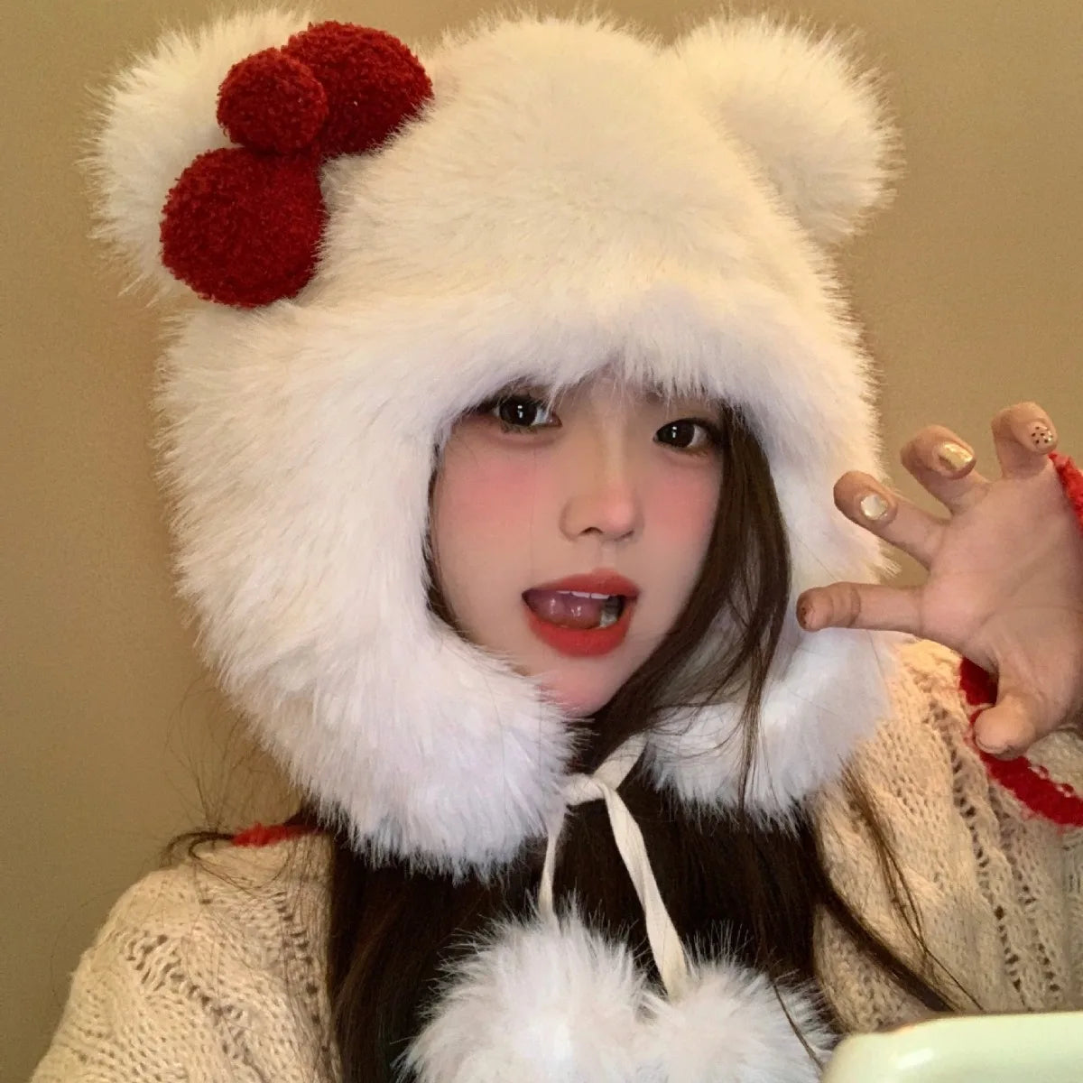 Korean Sweet Bow Plush Bomber hat