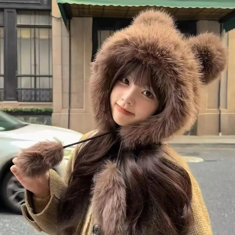 Fluffy bear Ear Protection hat