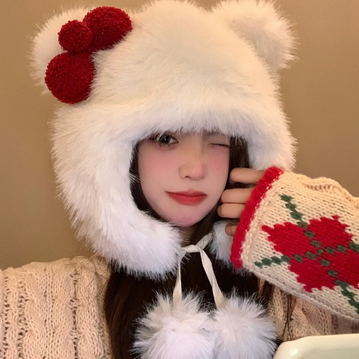 Korean Sweet Bow Plush Bomber hat