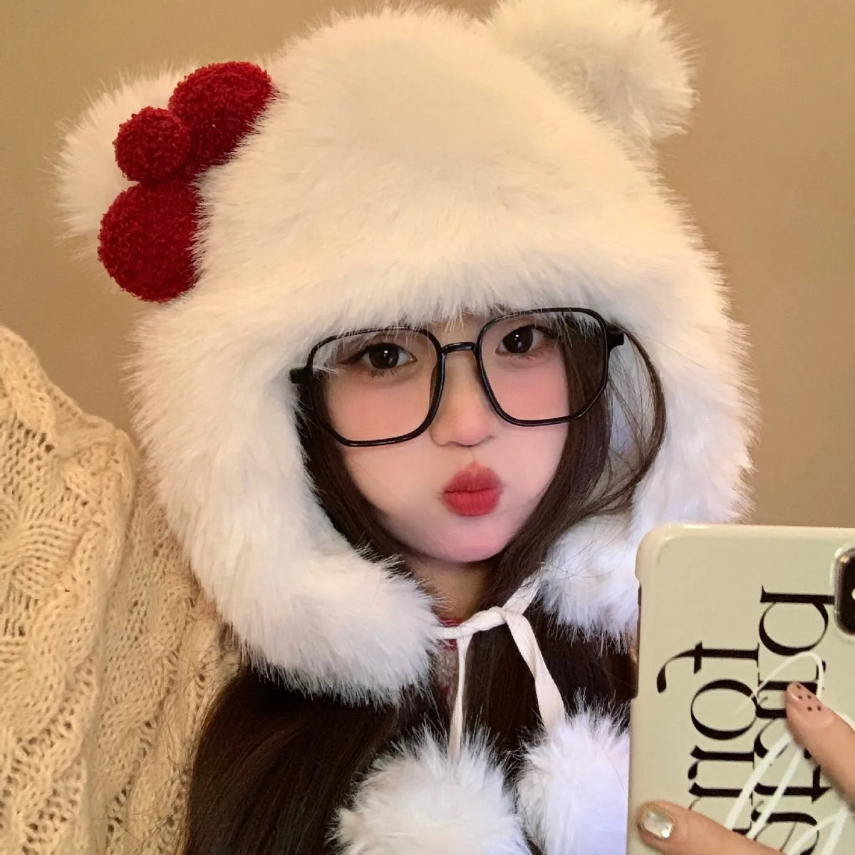 Korean Sweet Bow Plush Bomber hat