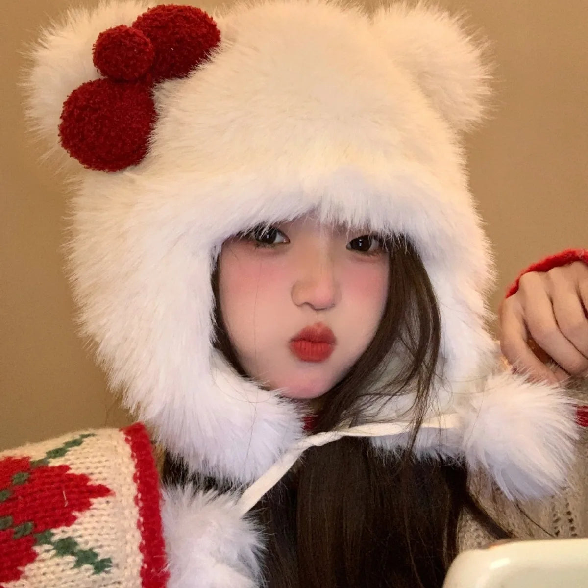 Korean Sweet Bow Plush Bomber hat